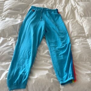 Aviator Nation Turquoise Fleece Sweatpants with Rainbow Side Stripe